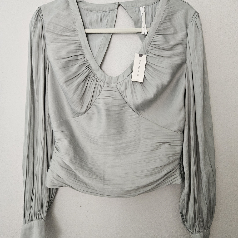 Anthropologie Silver-Green Ruched Asymmetrical Blouse NWT S